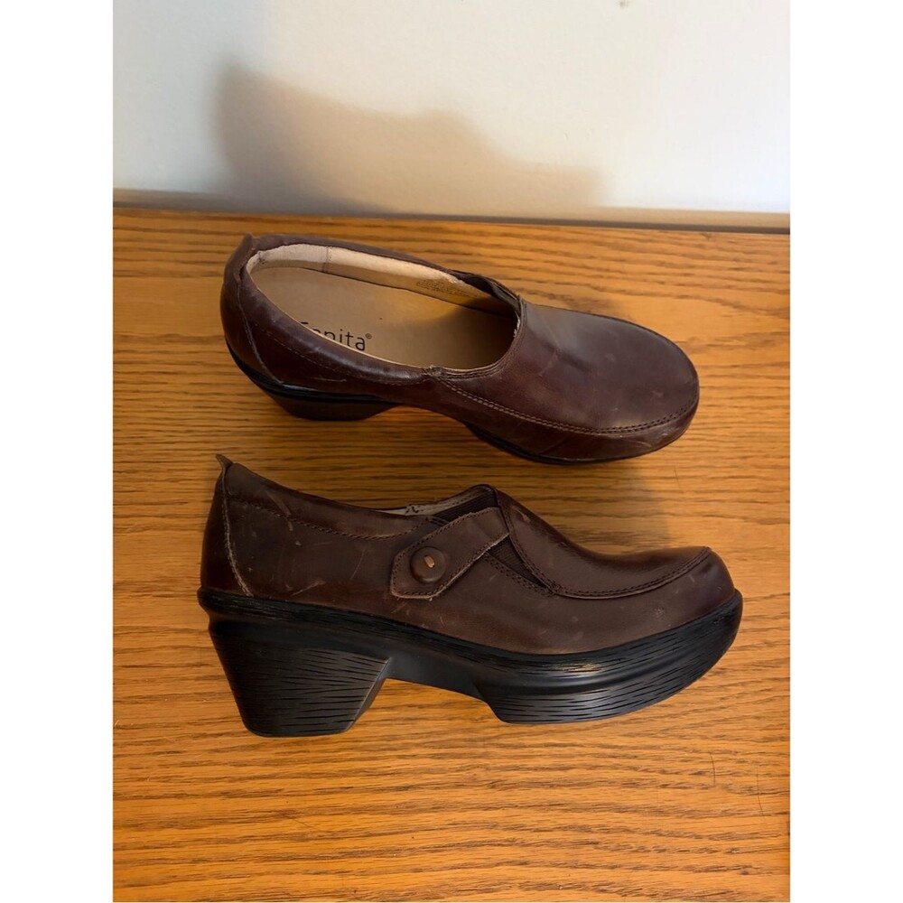 Sanita Brown Leather Low Platform Slip-On Clog
